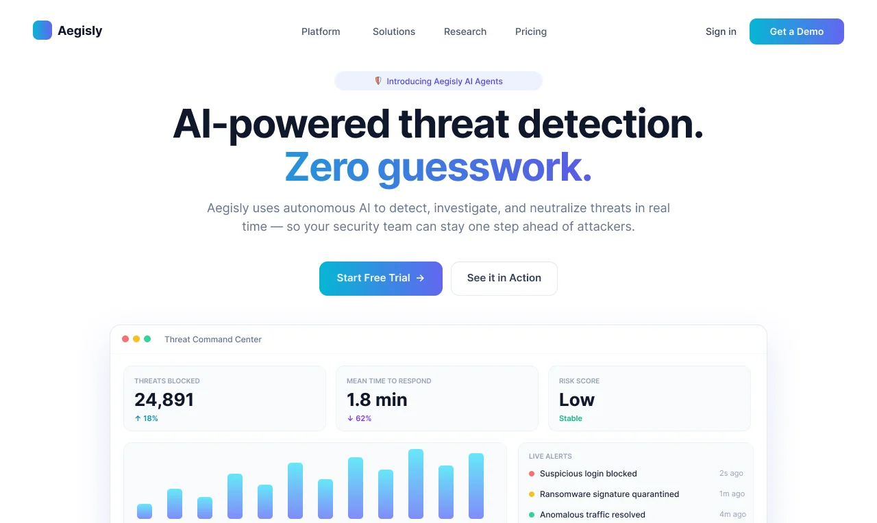 An AI-generated landing page for an AI threat detection platform
