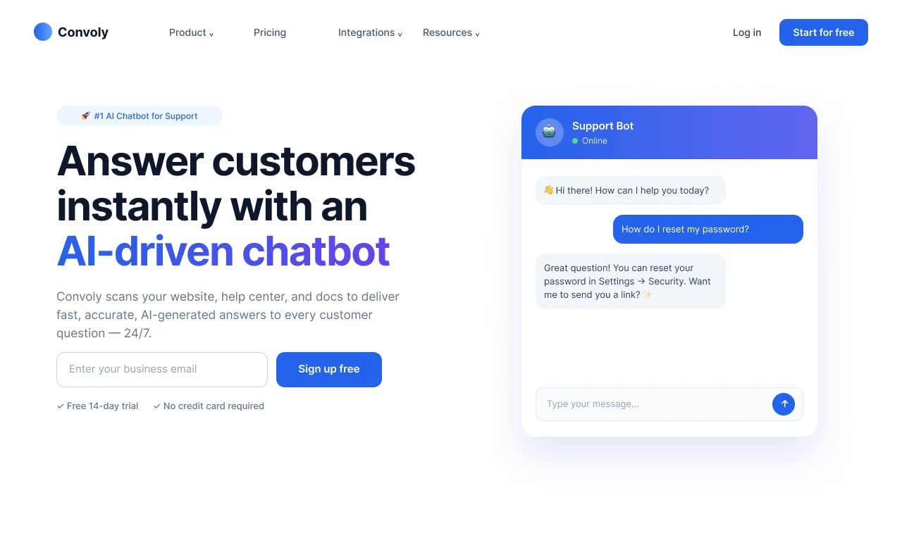 An AI-generated landing page for a customer support chatbot