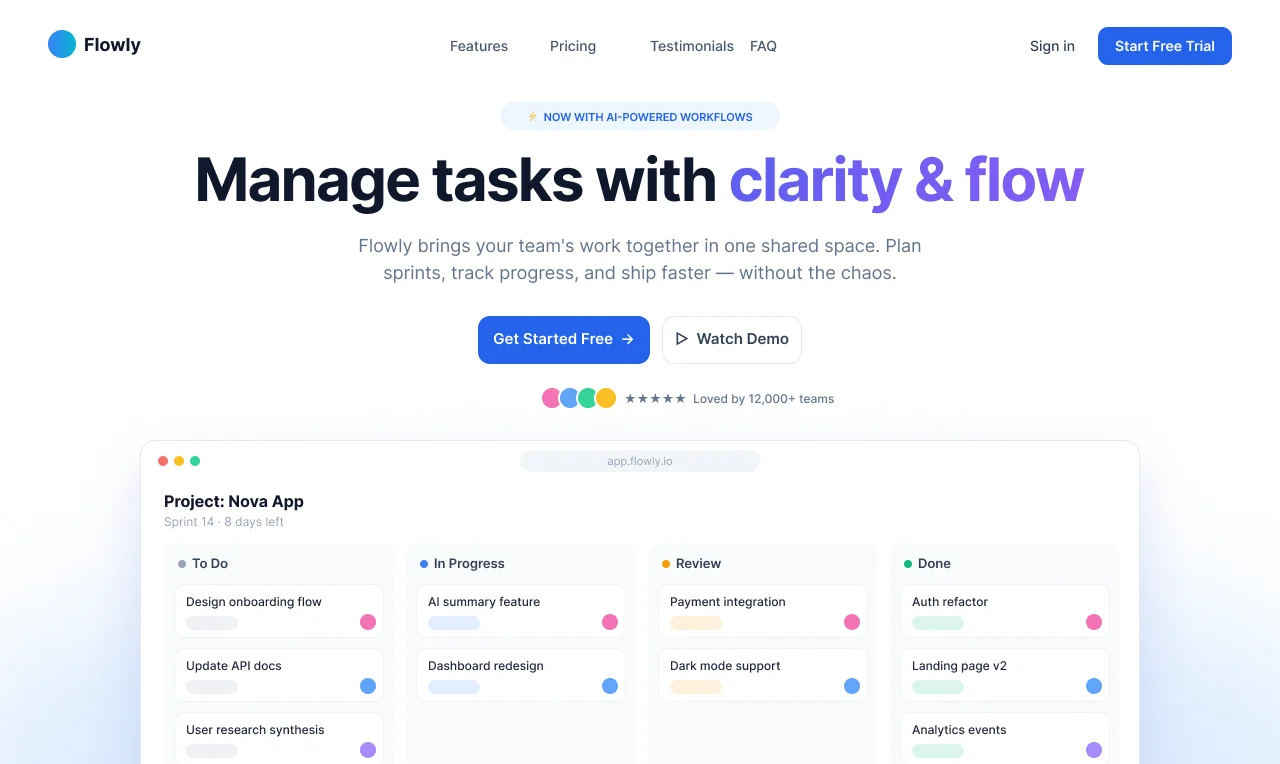 An AI-generated landing page for a task management app