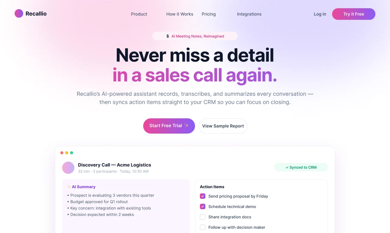 An AI-generated landing page for an AI meeting-notes assistant