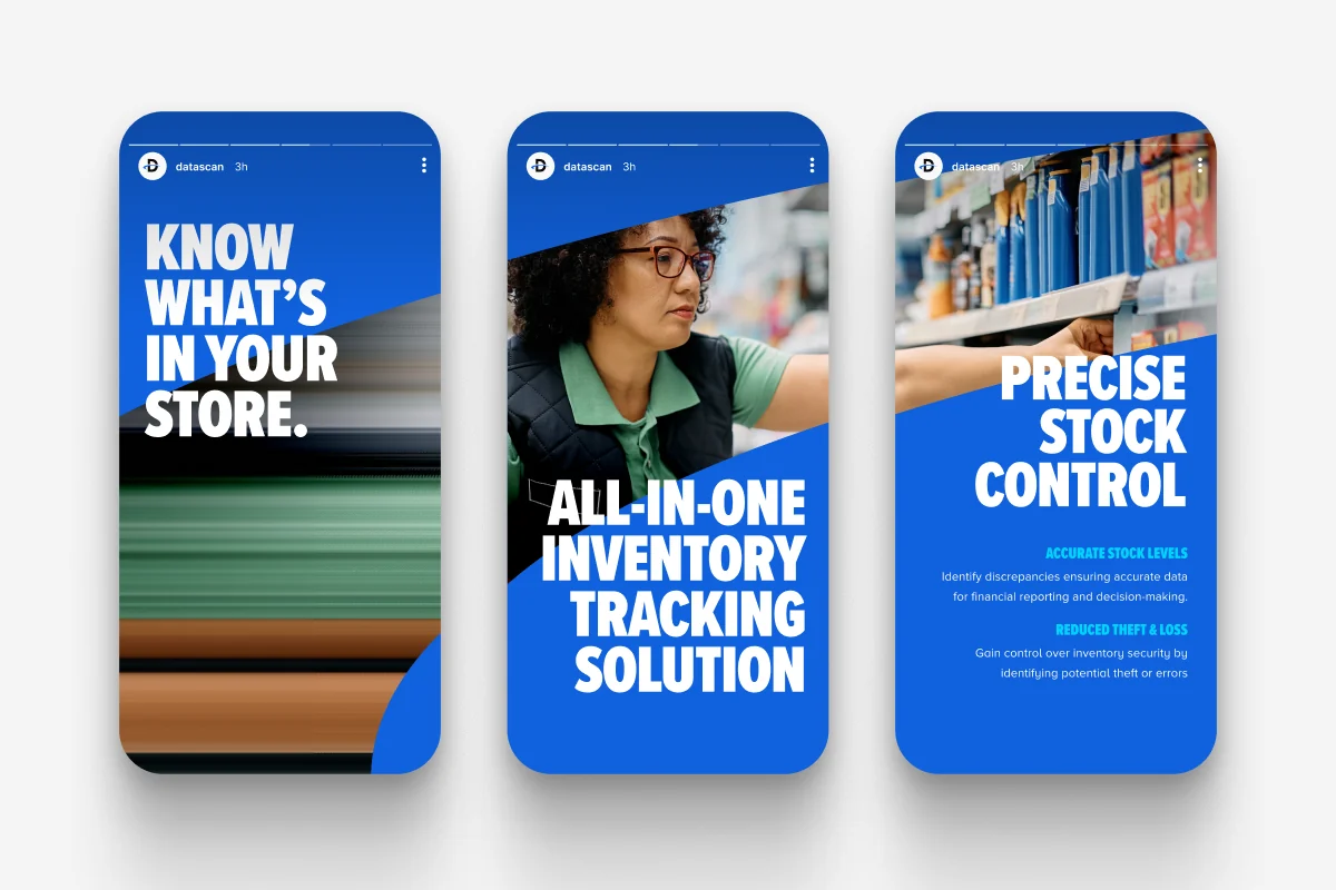 Three Datascan social posts on phones, reading “Know what’s in your store”