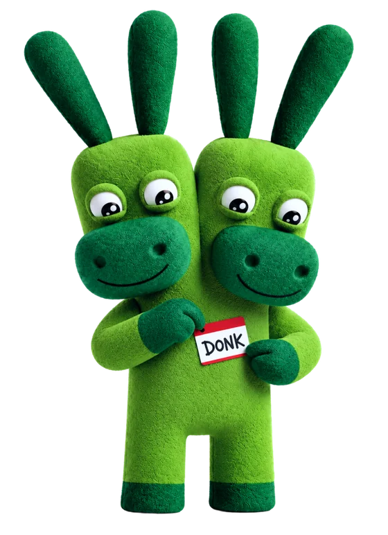 Meet Donk — the two-headed Redonk mascot, wearing a name badge