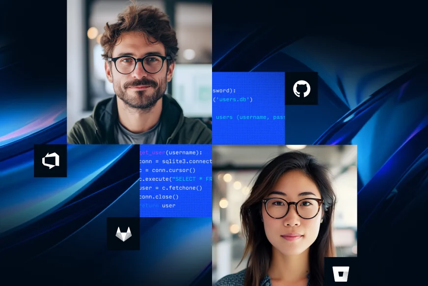 Portraits set against dark brand graphics