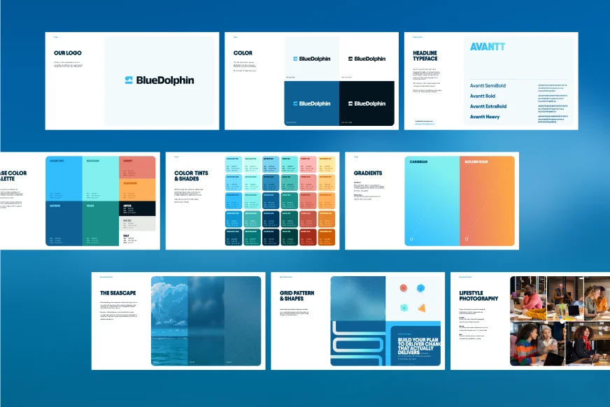 A brand guideline spread showing the colour palette and screens
