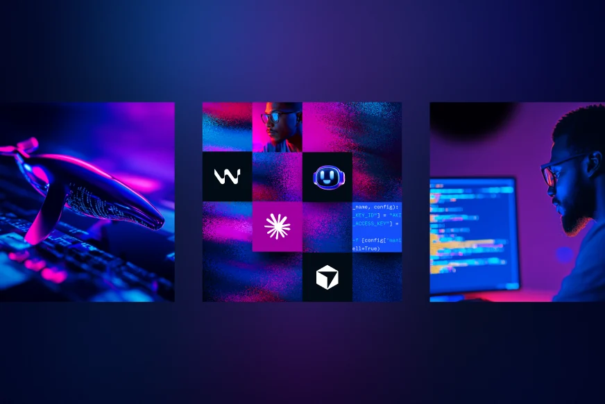 Brand lockups and graphic marks on a dark purple ground