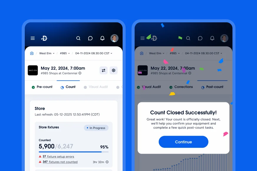 A stock count confirmation flow across two screens